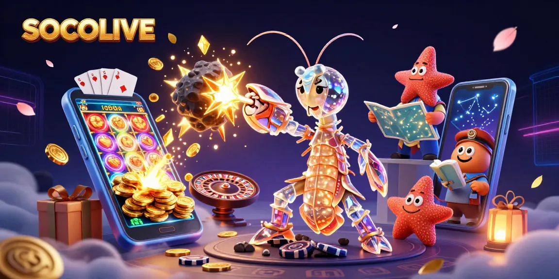 SOCOLIVE offers an action-packed illustration of a galactic samurai mantis shrimp and starfish navigating a cosmic casino adventure.