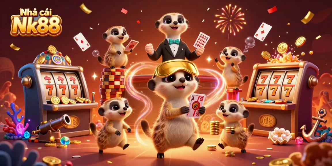Participate in the thrilling world of Nhà cái Nk88 with a lively meerkat casino scene showcasing vibrant gameplay elements.