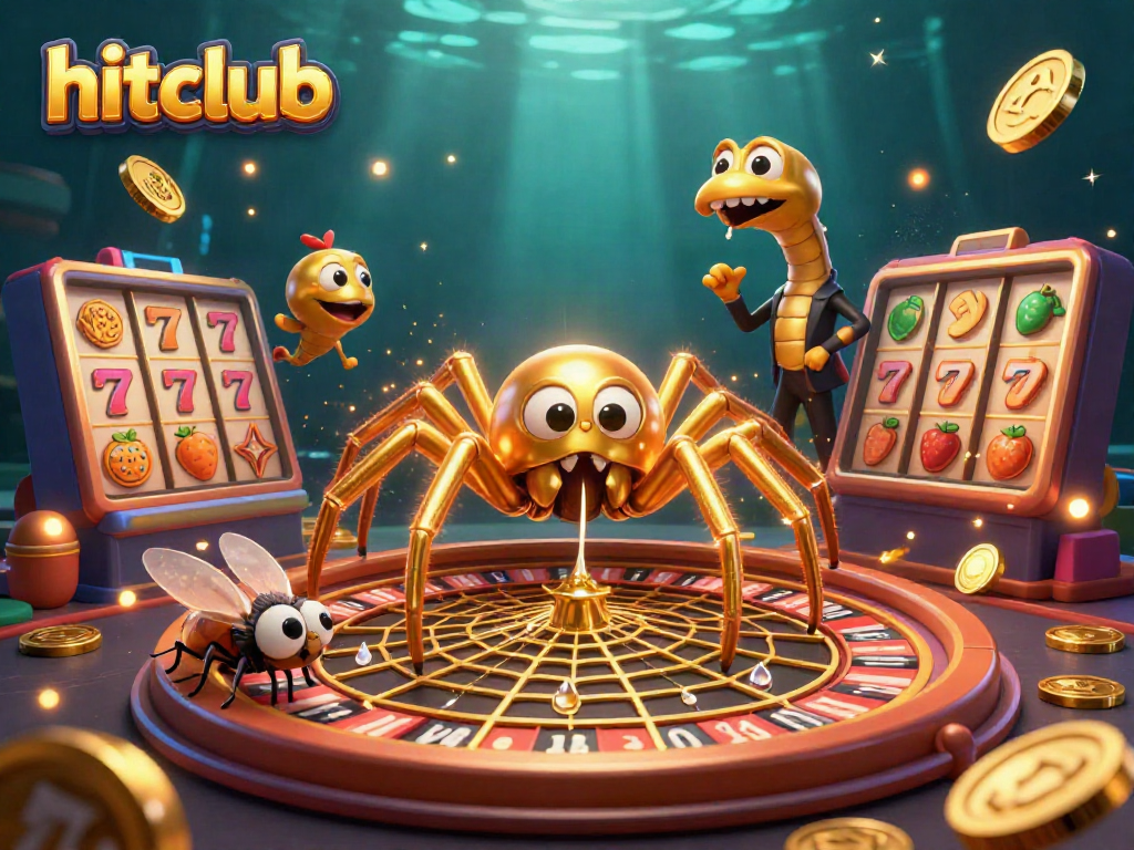 Hitclub's vibrant online casino scene featuring a golden spider and a centipede croupier.