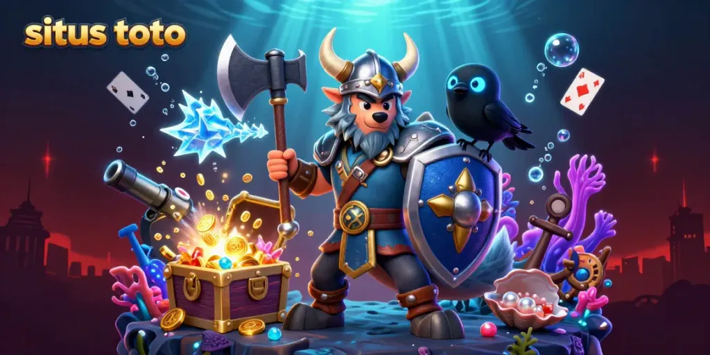Engage in situs toto gaming adventures with a cartoon Viking warrior and an icy dragon in a 3D scene.