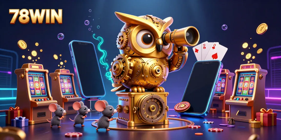 Win big with 78WIN featuring a dynamic casino scene with a golden owl and festive game elements.