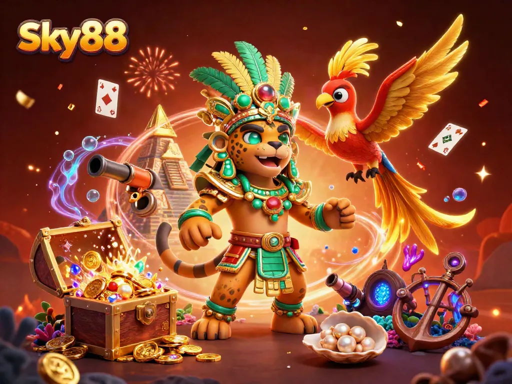 Experience Sky88’s thrilling adventure with a Mayan jaguar priest and treasures in vibrant casino elements.