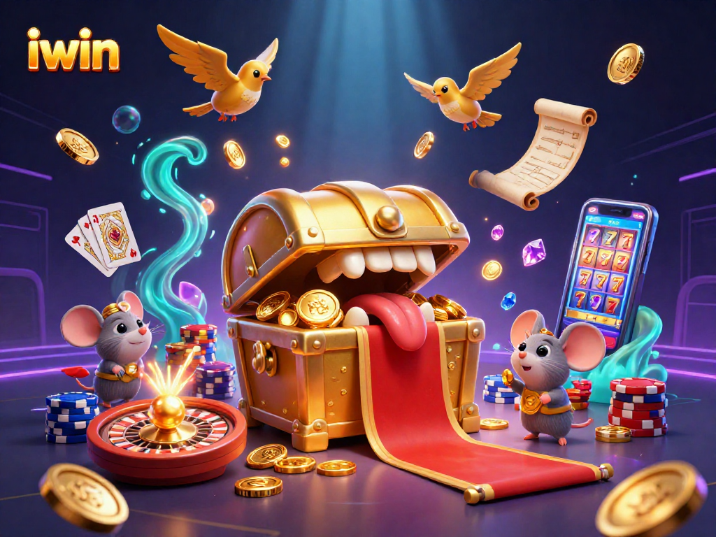 Engage with iwin's exciting gaming universe featuring vibrant 3D casino elements and characters.
