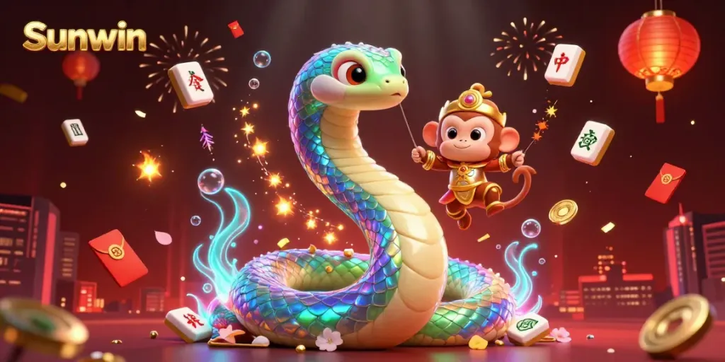 Engage in thrilling experiences with Sunwin, illustrated by a vibrant 3D scene featuring games and festive elements.