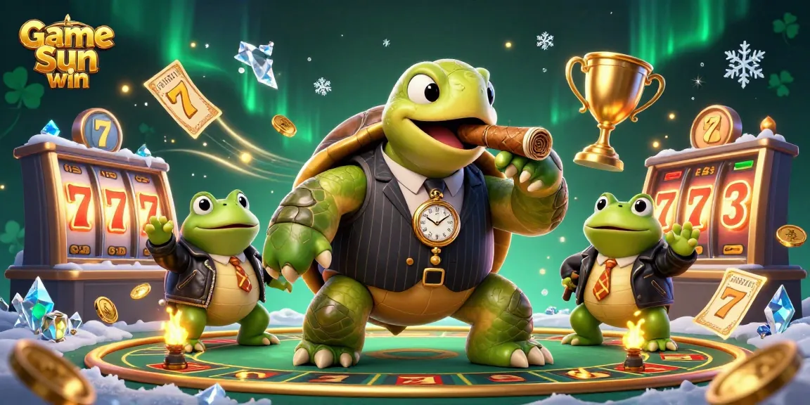 Experience the excitement of Game Sun win with a lively 3D illustration featuring colorful casino elements and characters.