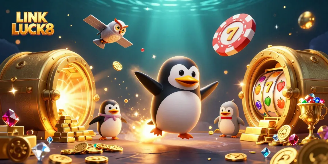 Play thrilling games at LINK LUCK8 casino with a vibrant 3D illustration showcasing excitement and fortune.