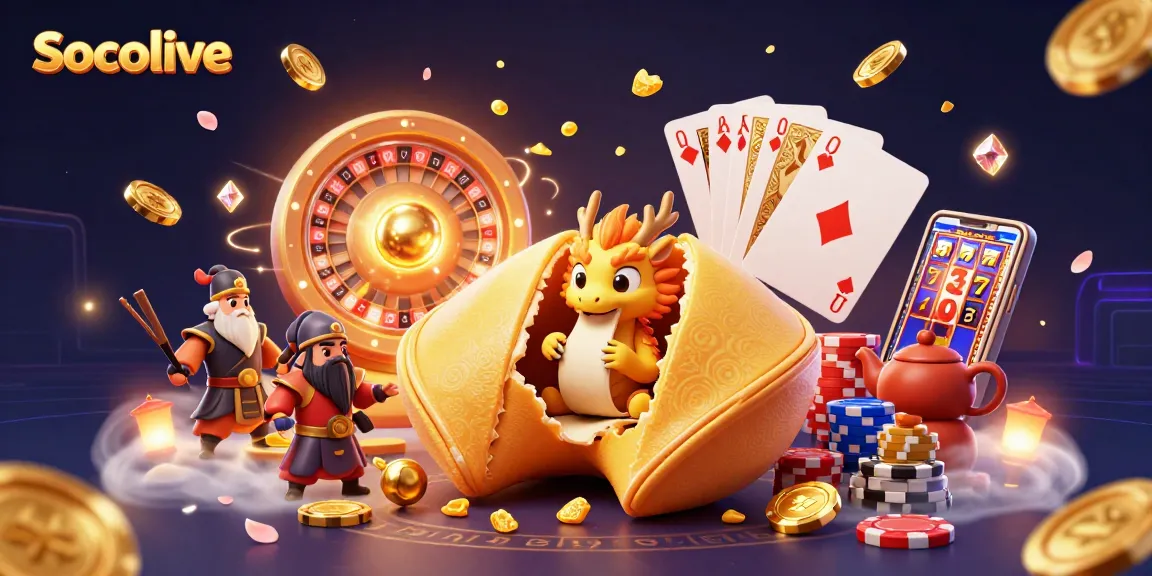 Socolive enhances gambling experiences with a dynamic 3D illustration featuring fortune cookies and golden treasures.