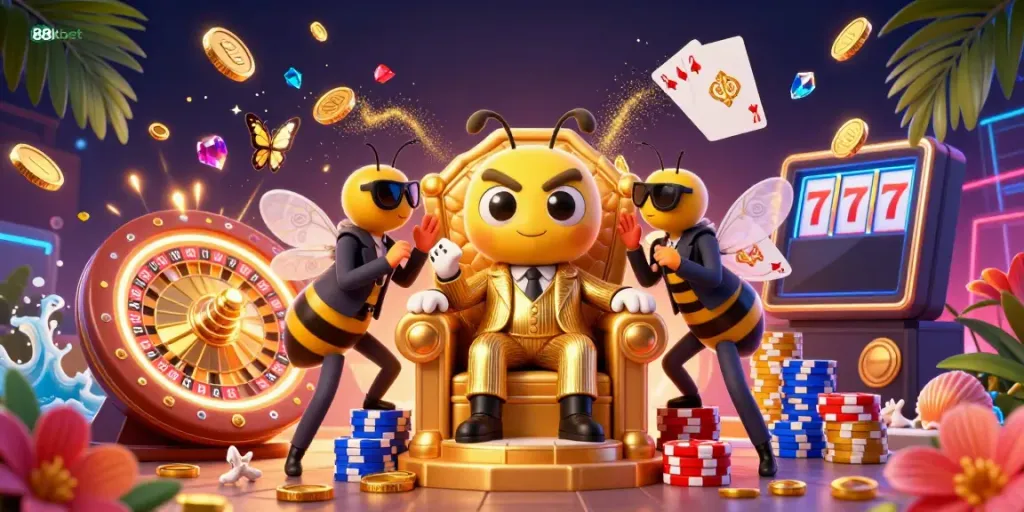 Experience the thrilling world of 88kbet with an animated bumblebee mob boss surrounded by casino elements.