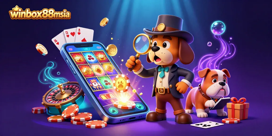 Winbox88msia sets new standards in gaming with 3D cartoon detective and dog uncovering casino riches amidst vibrant slot games.