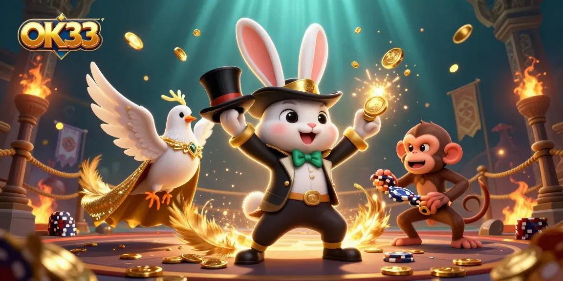 Engage with OK33's vibrant casino world, featuring a magician rabbit, coins, and poker chips.