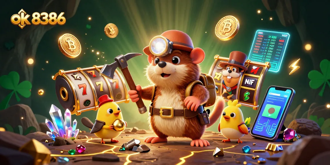 Spin and win with ok 8386 in this vibrant casino scene featuring a treasure hunter mole, slot reels, and glowing bitcoin