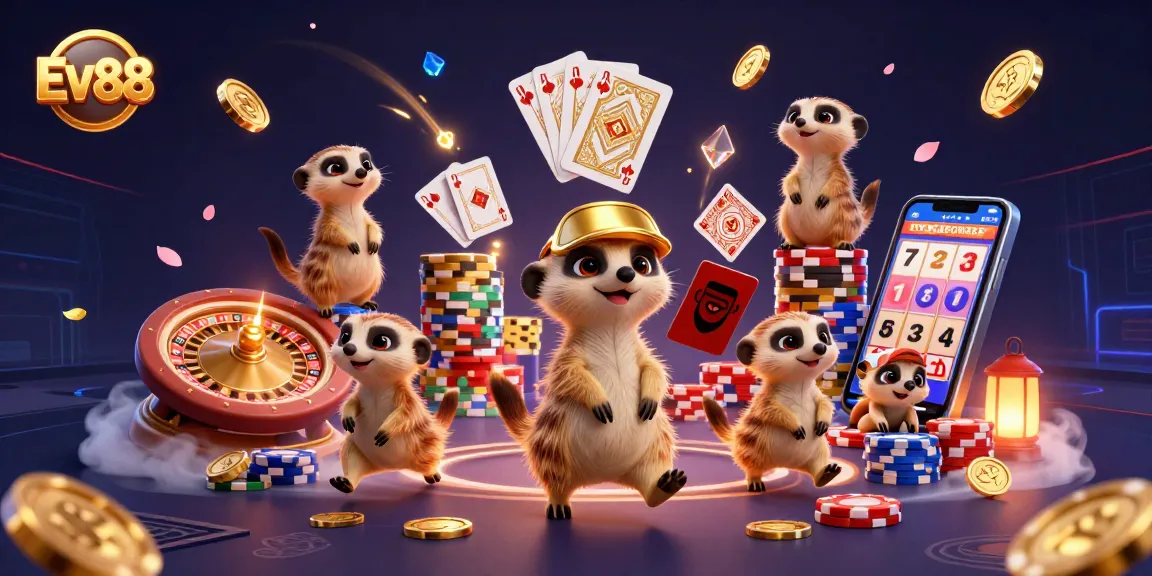 Engage in thrilling gameplay at Ev88 with meerkats managing a vibrant casino adventure.