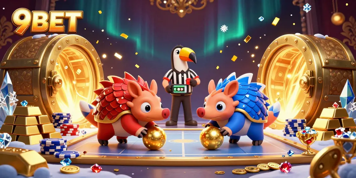 Witness the excitement of 9BET as rival pangolins bowl through poker chips in an extravagant casino scene.
