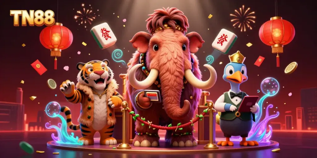 Experience the vibrant TN88 casino scene with a woolly mammoth bouncer and saber-tooth VIP.