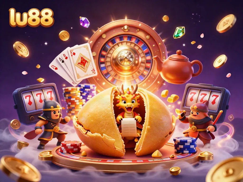 Experience thrilling moments with lu88 featuring a giant golden fortune cookie, sparkling coins, and more in an engaging casino scene.