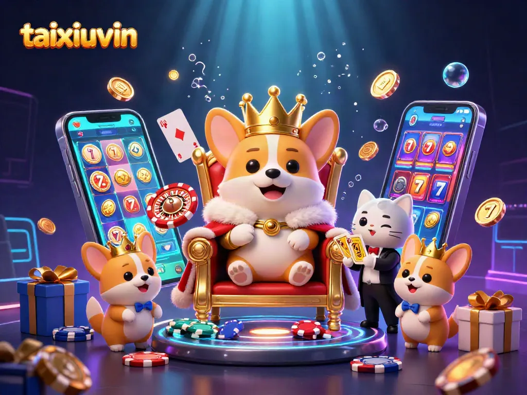 Engage with taixiuvin's lively high-stakes casino scene featuring a royal corgi and slot games.