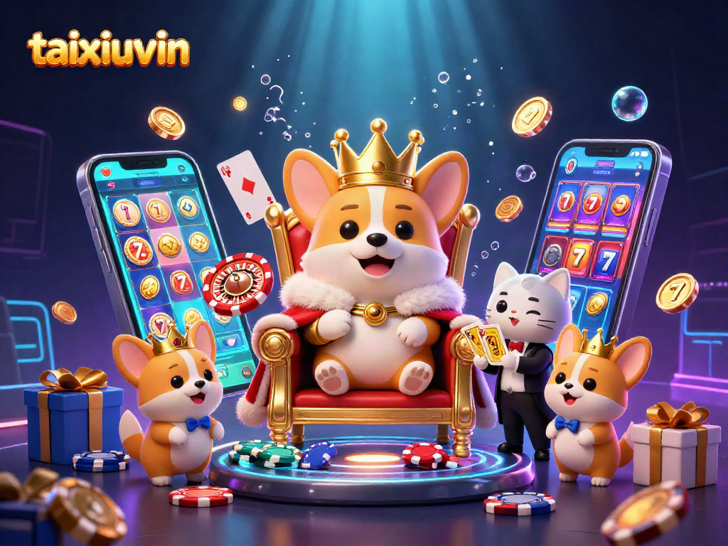 Engage with taixiuvin's lively high-stakes casino scene featuring a royal corgi and slot games.