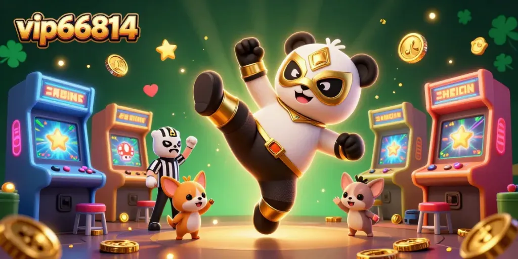 Join the excitement at vip66814 with a vibrant 3D casino scene featuring a wrestling panda and cheering animals.