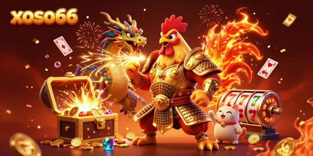 xoso66 brings excitement with a dynamic casino scene featuring a rooster warrior, dragon hatchling, and a wealth of riches.