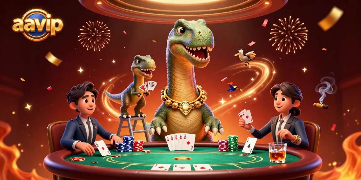 Experience thrilling action at aavip with a vibrant poker scene featuring lively dinosaurs and game elements.