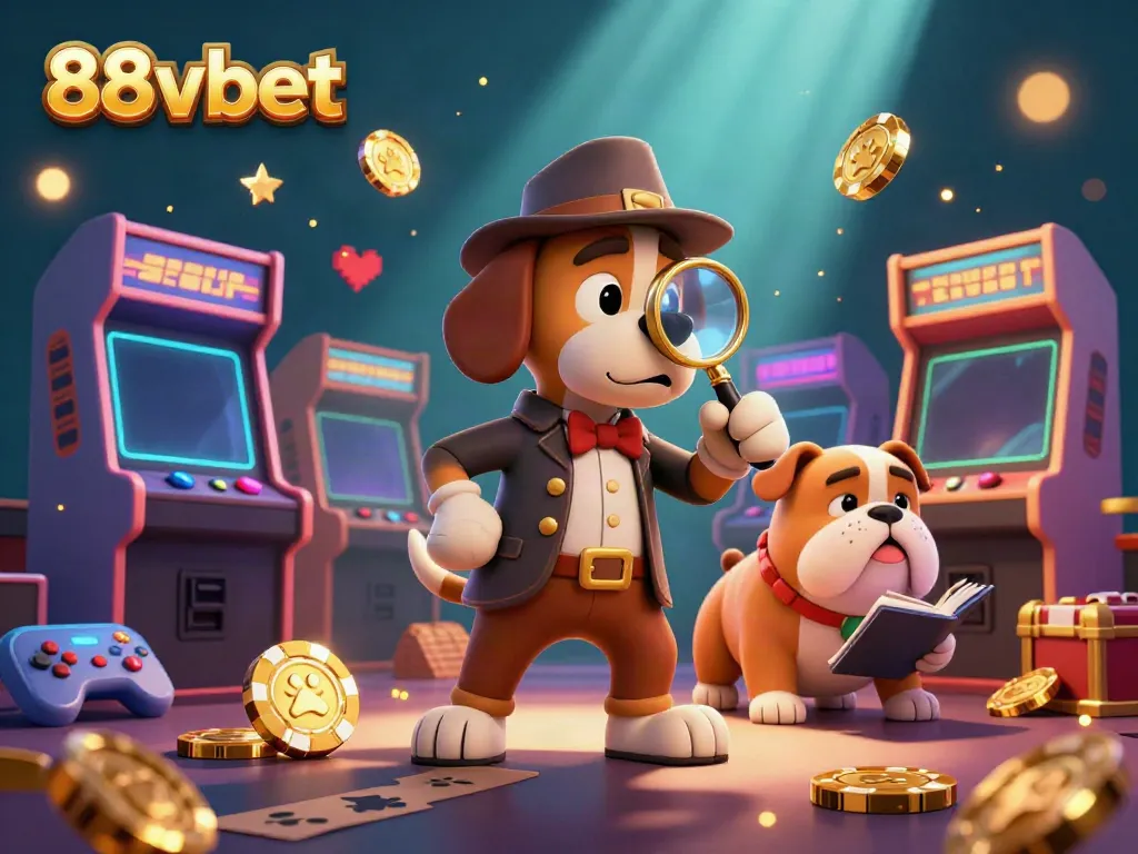 Join the 88vbet adventure with a detective dog and vibrant casino scene full of gaming treasures.