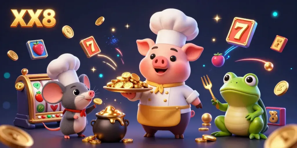 Experience the excitement of XX8 casino with playful characters serving gold coins, capturing dynamic gaming energy.