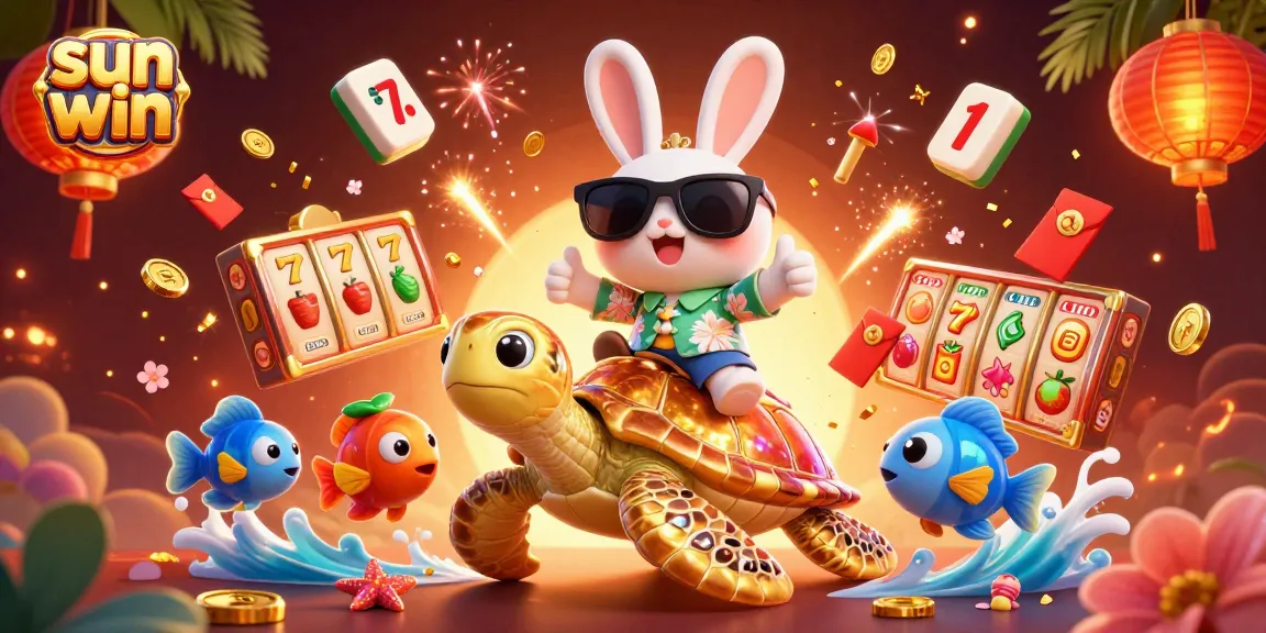 Experience the thrill at Sun Win with a 3D lucky rabbit and golden sea turtle in a vibrant casino scene.