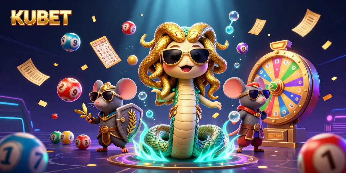 KUBET lottery experience featuring a friendly Medusa and warrior mouse amid vibrant casino elements