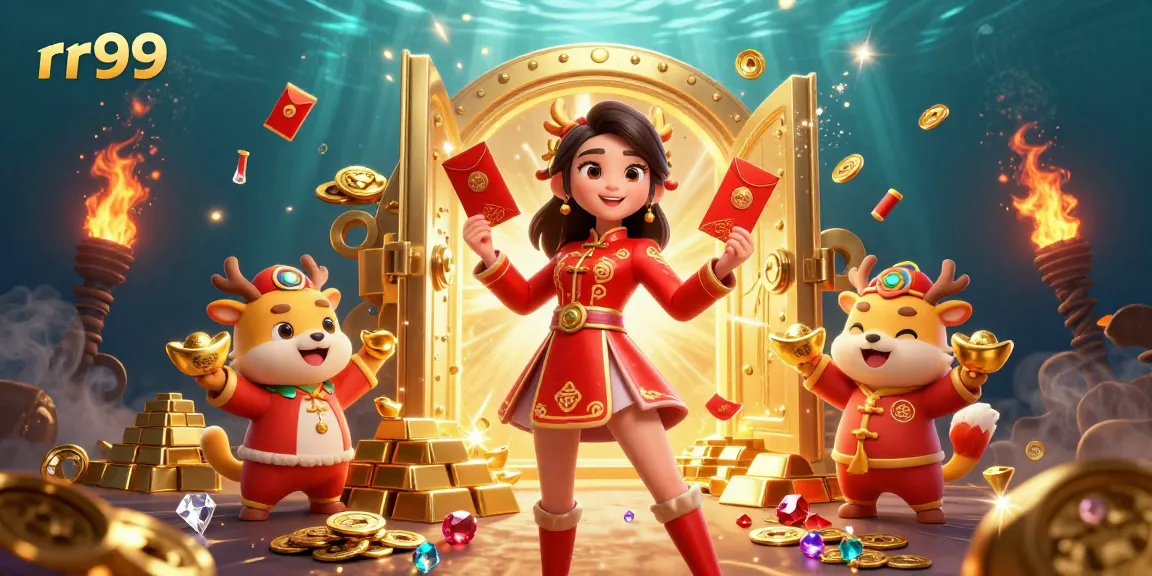 Engage with exciting gaming experiences at rr99 as an Asian woman celebrates with gold ingots and festive elements.