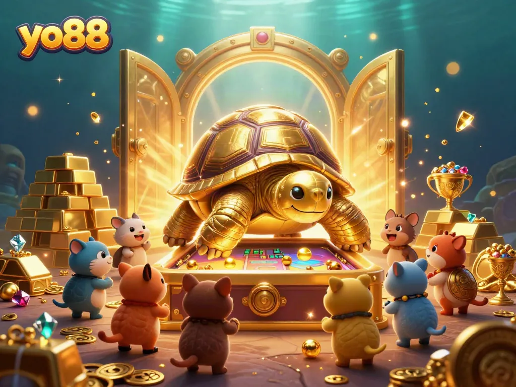 Engage with yo88's thrilling casino experience featuring a colossal tortoise pinball machine.