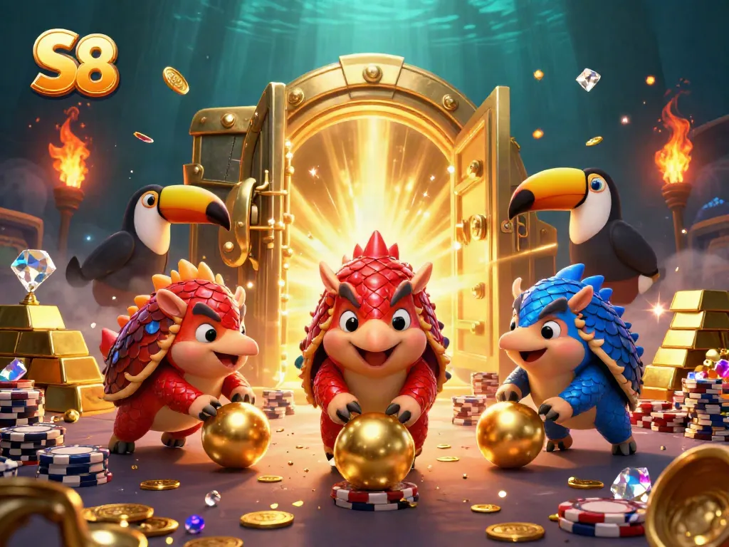 Experience exciting S8 gambling thrills with animated pangolins in a vibrant casino setting.