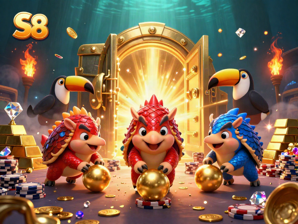 Experience exciting S8 gambling thrills with animated pangolins in a vibrant casino setting.