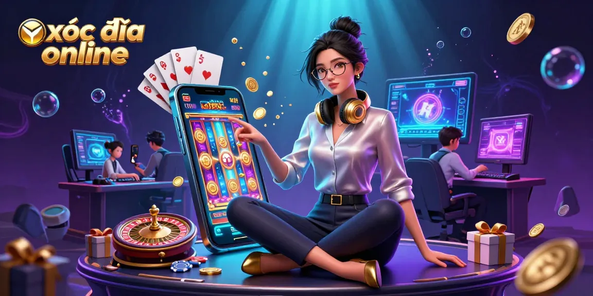 Xóc đĩa online gaming scene featuring an elegant Asian woman at a high-tech setup, surrounded by casino elements.