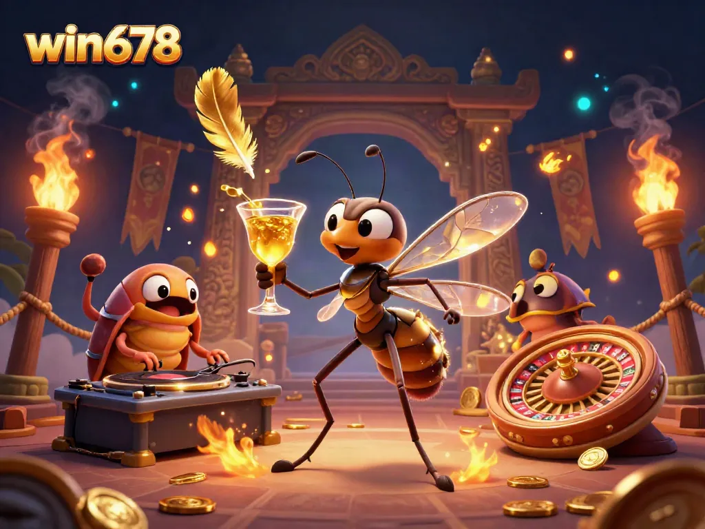 Witness the vibrant action of win678 with a dynamic casino mascot and DJ in a spectacular 3D scene.