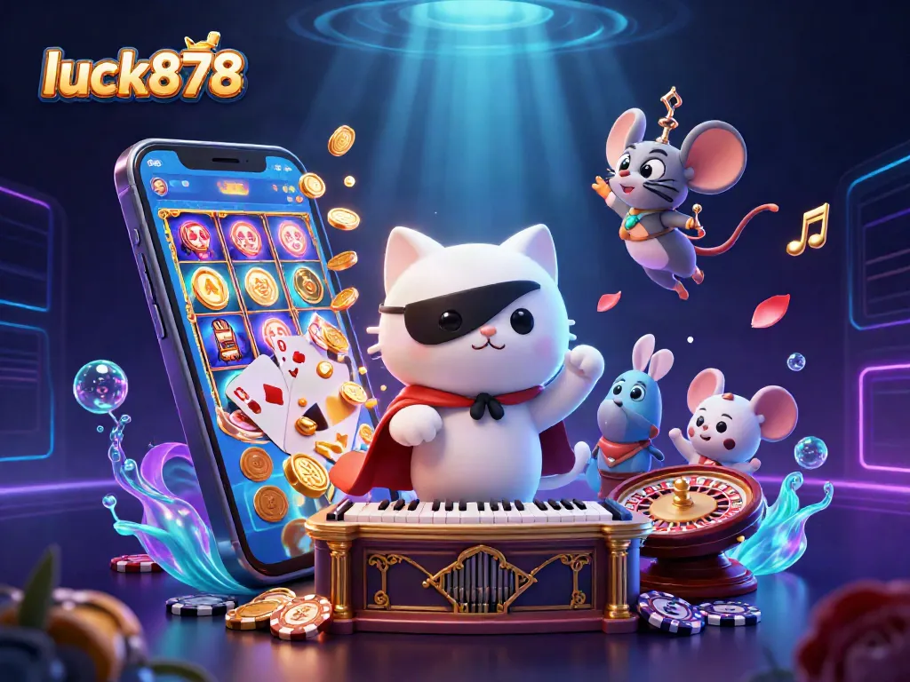 Experience the excitement at luck878 with vibrant casino elements and captivating characters in a dynamic scene.