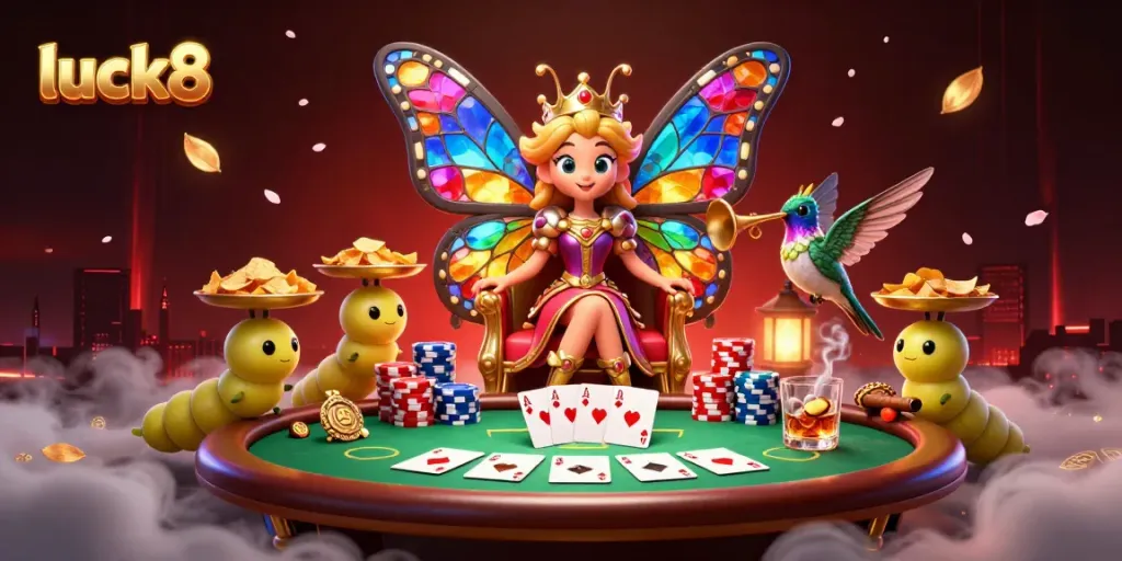 Join luck8's captivating casino experience with a queen and colorful chips at a poker table.