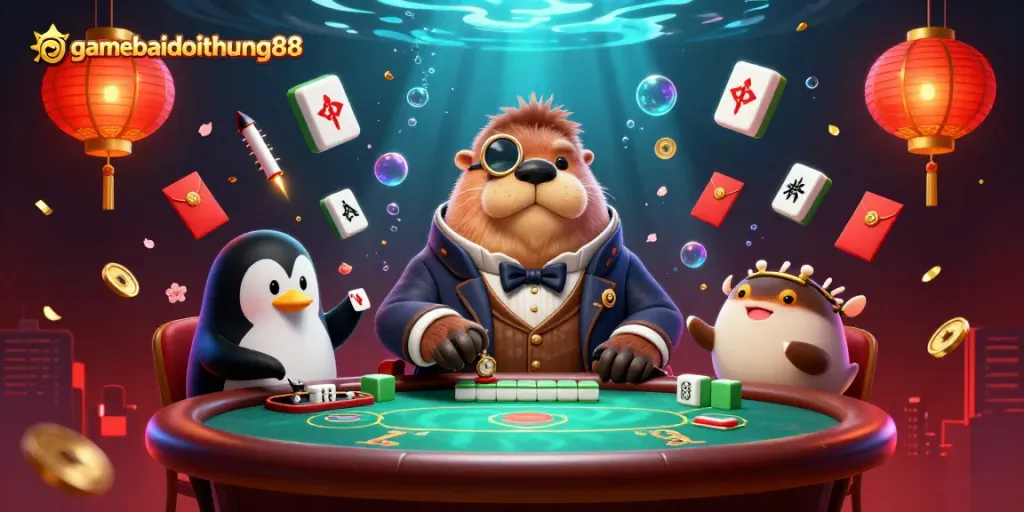Players dive into gamebaidoithuong88, enjoying a vibrant underwater poker scene with whimsical characters and rich game elements.