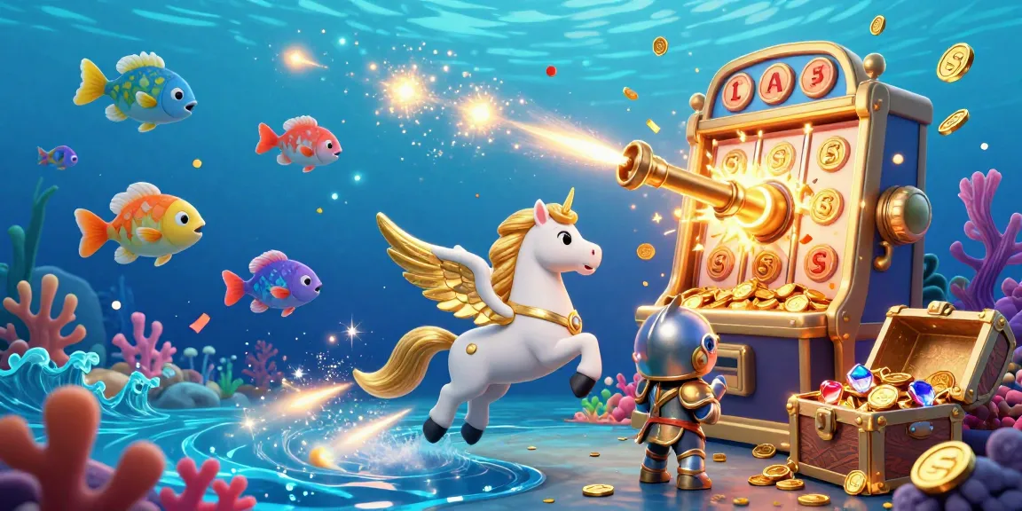 Engage in thrilling fishing gameplay in a vibrant underwater scene, showcasing animated sea creatures and explosive treasures.