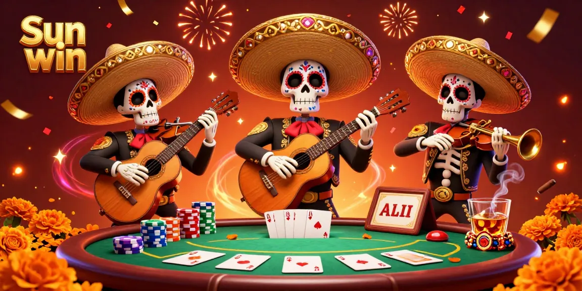 Experience excitement with Sun win as mariachi skeletons play amidst vibrant poker elements.