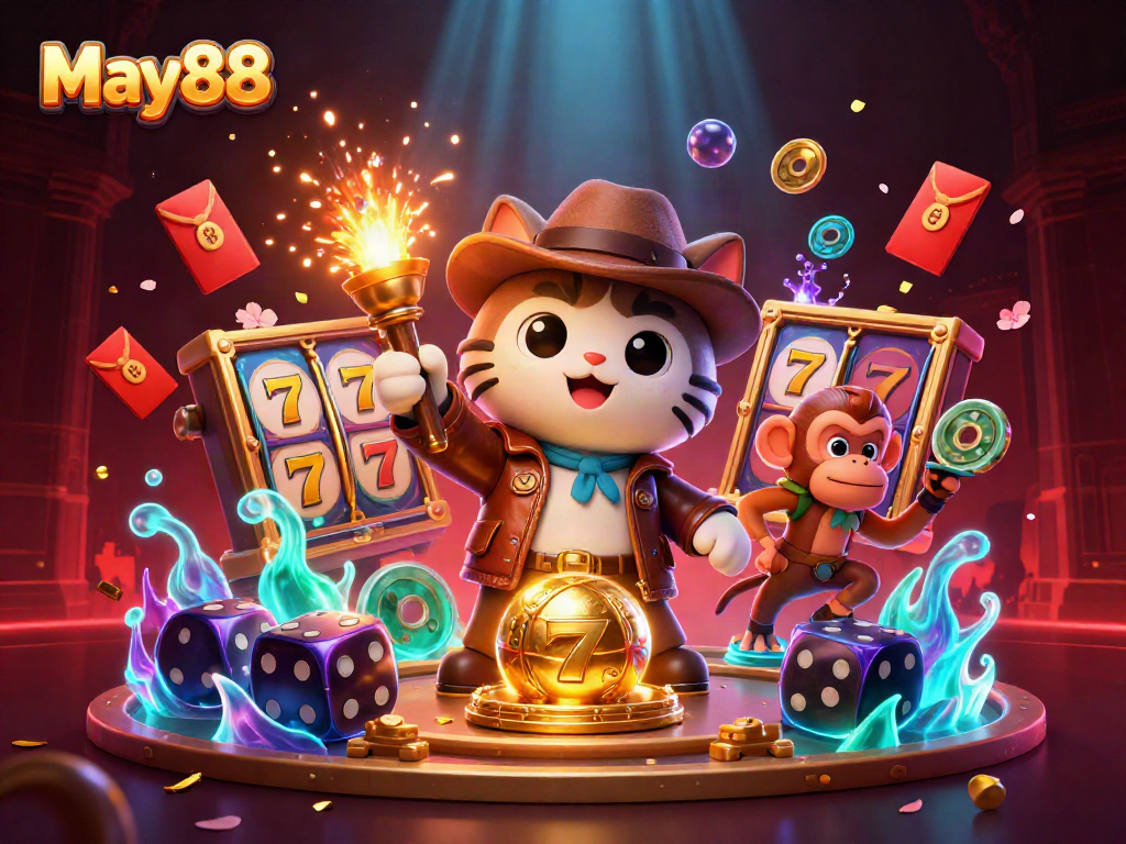 Engage with May88's thrilling 3D casino adventure that showcases vibrant slot reels and dynamic action.