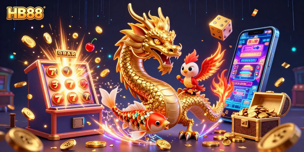 Experience the thrill of HB88 with a dynamic scene of a dragon, phoenix, and koi amidst vibrant casino visuals.