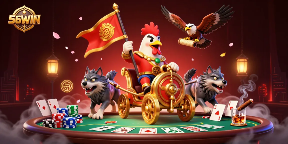 Engage with 56WIN's dynamic gaming experience featuring a gambling-themed 3D illustration.