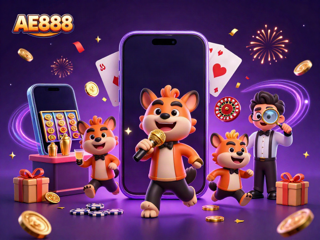 Experience AE888 with a lively illustration of hyenas in a vibrant casino scene enjoying games and fun.