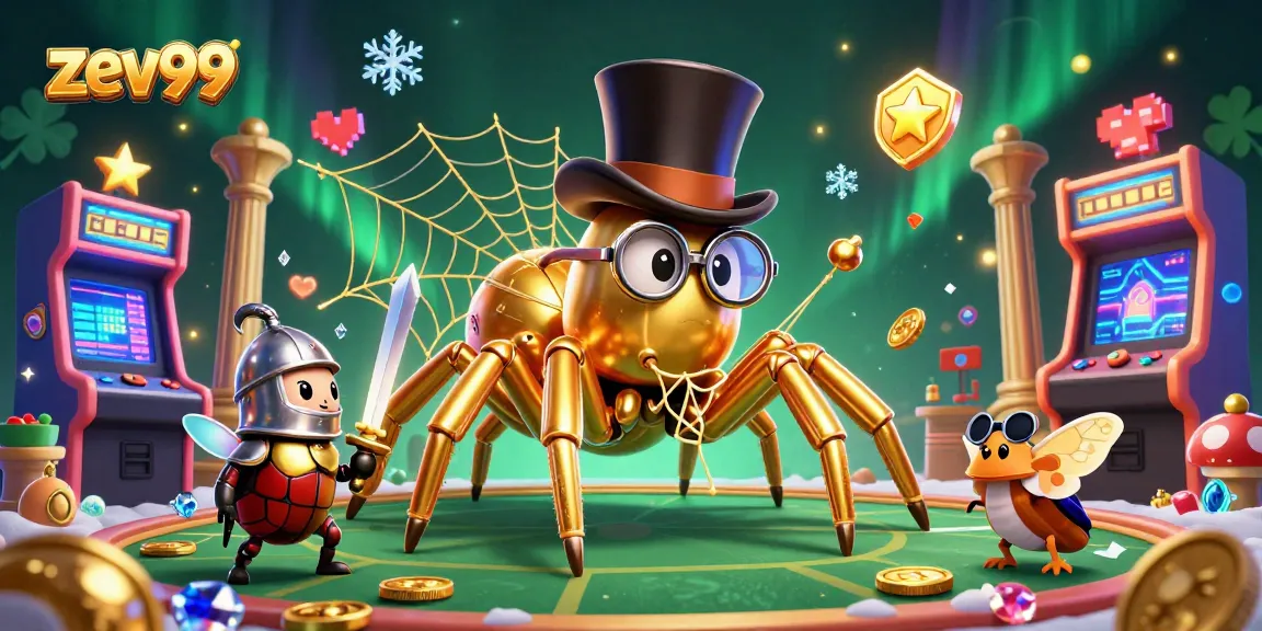 Zev99’s dynamic casino scene featuring a golden tarantula, beetle knight, games, and vibrant colors.