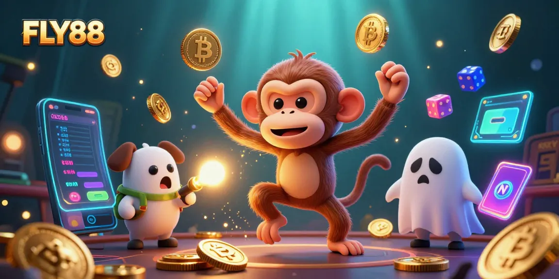 FLY88 showcases a ghost-hunter puppy tracking a mischievous monkey juggling coins in a vibrant casino.