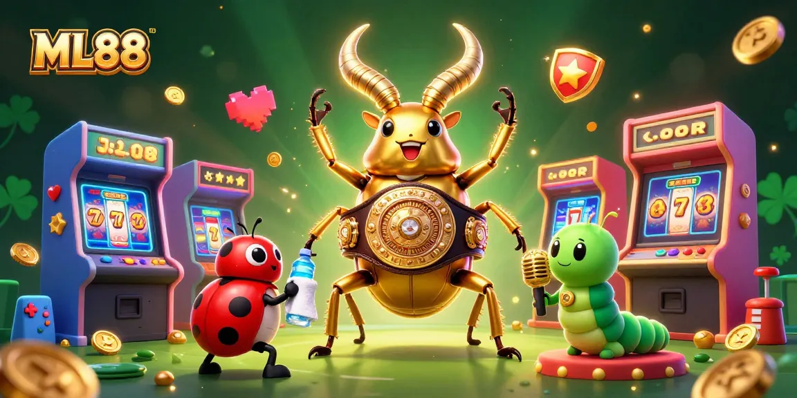 ML88's vibrant slot game scene featuring a golden stag beetle and a ladybug, filled with game machines.