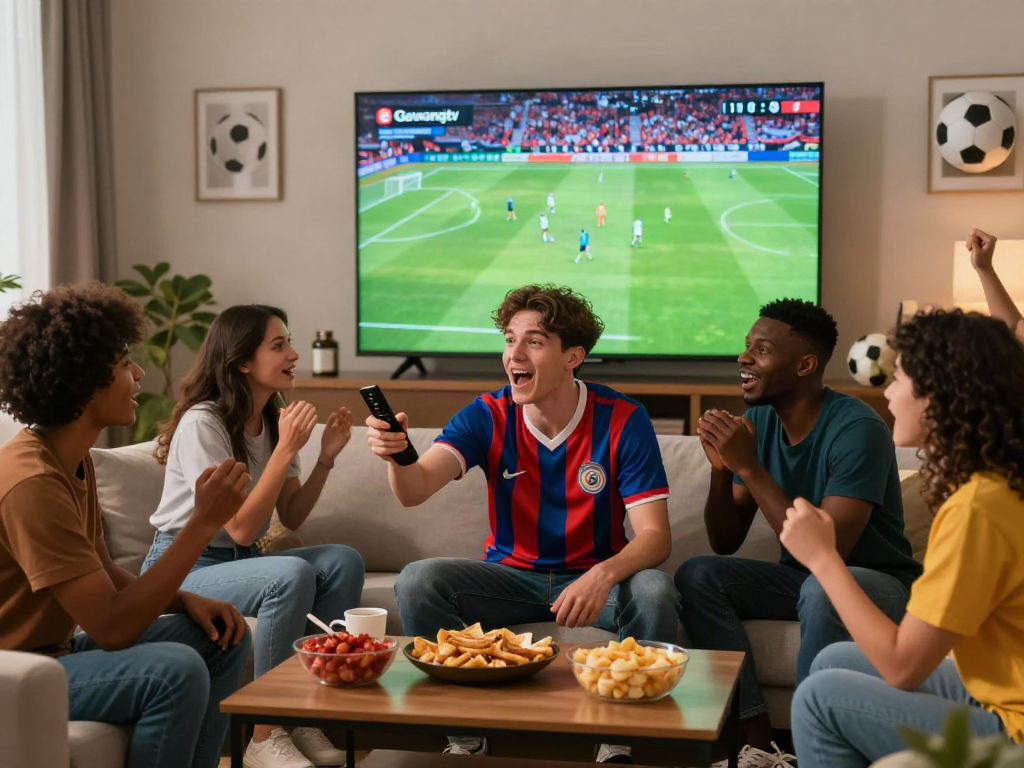 Football fans enjoying a live match on Gavangtv with snacks and excitement.