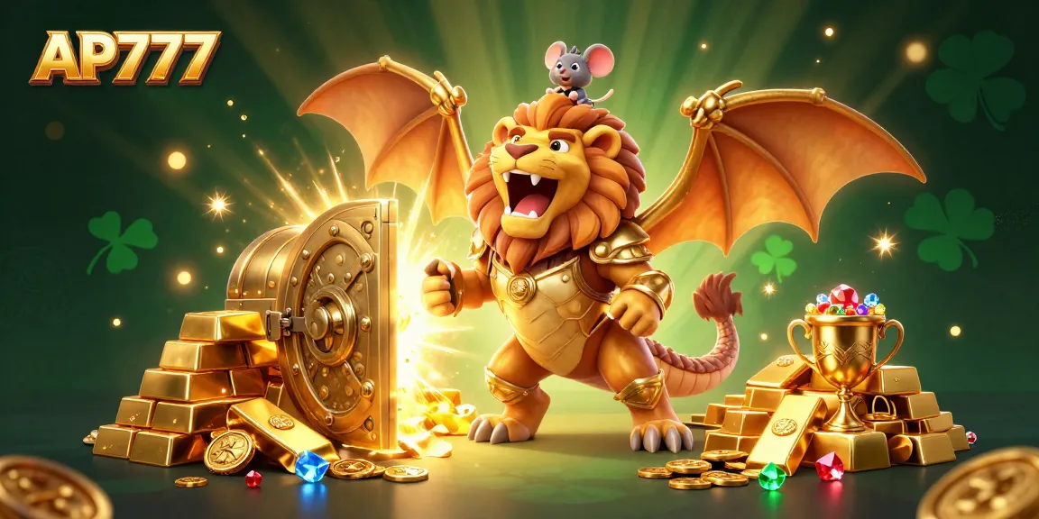 Experience thrilling gaming action with AP777, featuring a majestic chimera and treasures bursting forth.