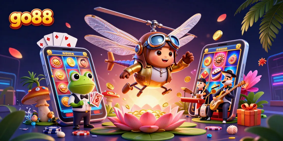Experience thrilling gaming at go88 with a vibrant illustration of dragonfly pilot and frog croupier.