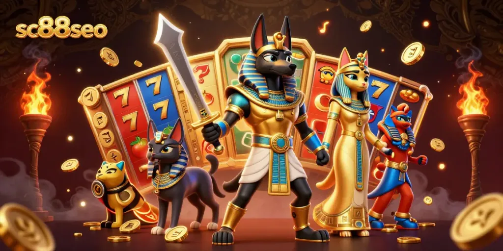 Spin slot reels and win big with sc88seo, featuring ancient Egyptian characters in a casino theme